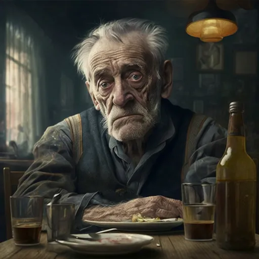 an old man sitting at a table with a plate of food