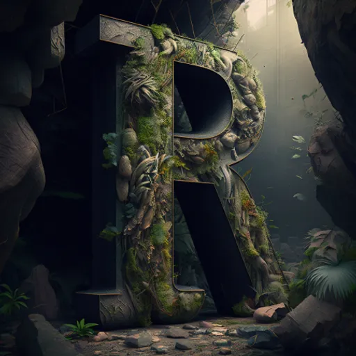 the letter r is surrounded by plants and rocks