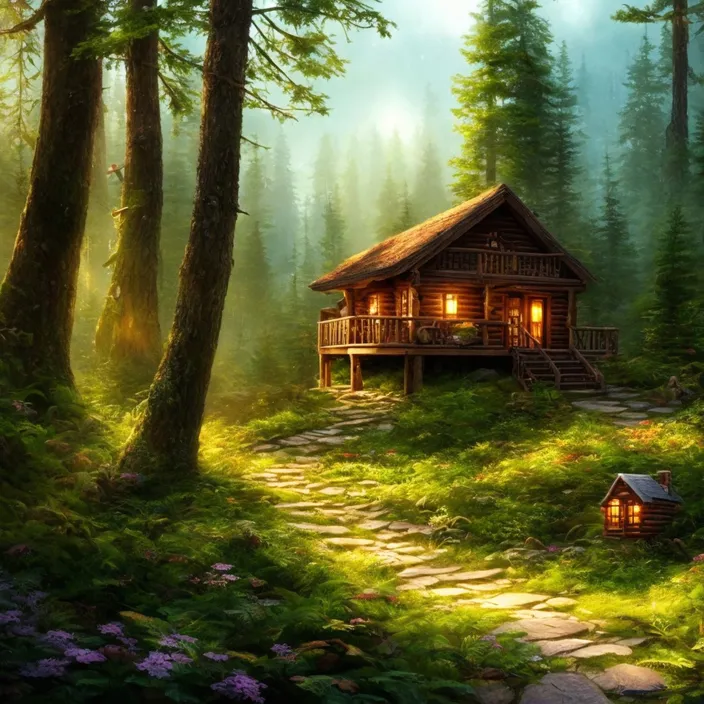 a painting of a cabin in the woods