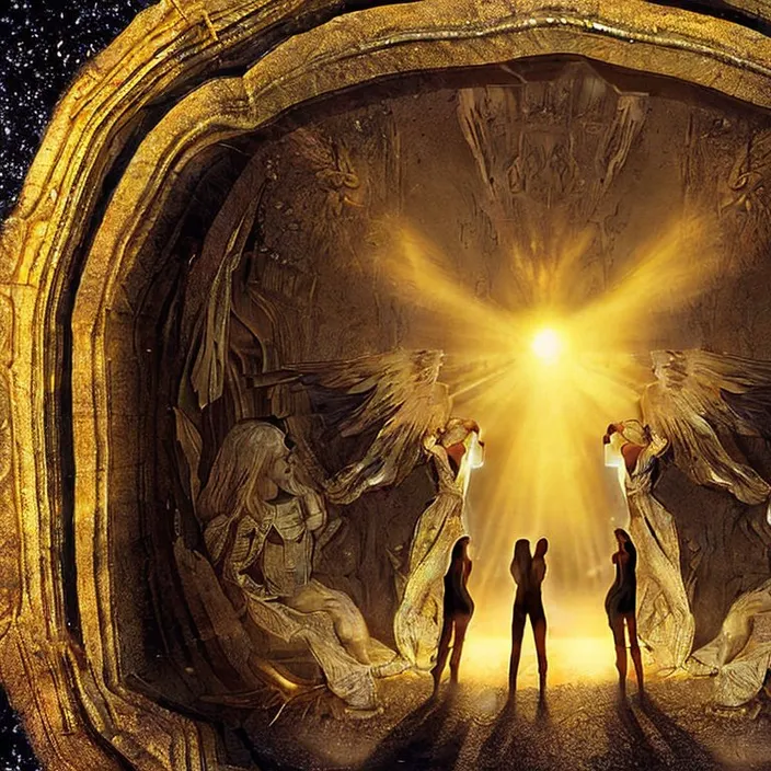 a group of people standing in front of a doorway to heaven