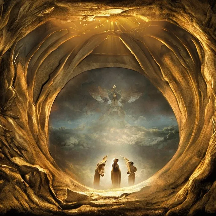 a painting of a group of people standing in a portal to heaven