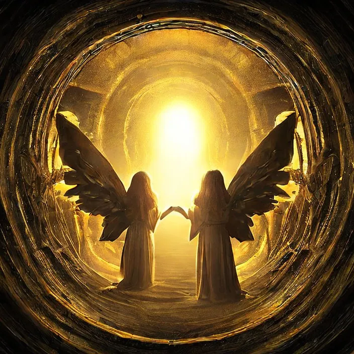 two angels standing in a tunnel holding hands