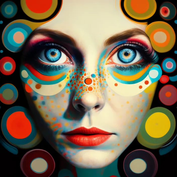 a painting of a woman's face with circles painted on it