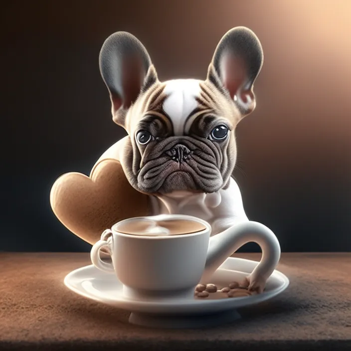a dog is sitting in front of a cup of coffee