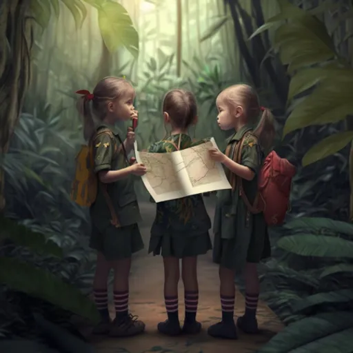 three children standing in a forest looking at a map