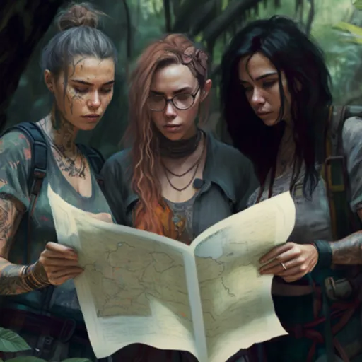 three women looking at a map in a forest