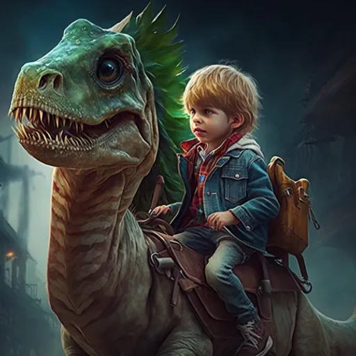 a young boy riding on the back of a dinosaur