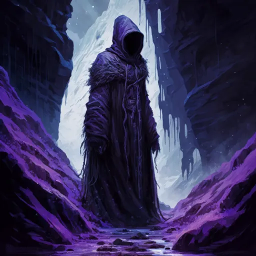 a man in a hooded cloak standing in a cave