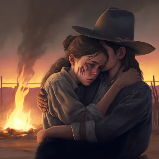 a painting of a couple hugging in front of a fire