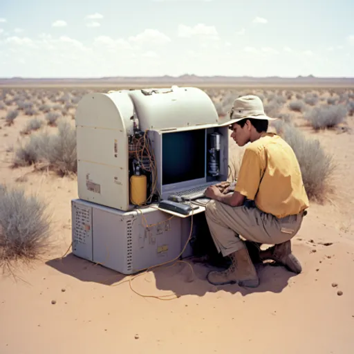 a man squatting down in front of a computer in the desert