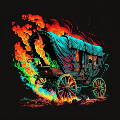 a drawing of a horse drawn carriage on fire