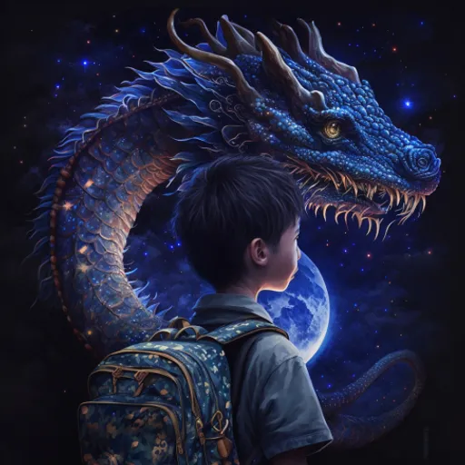 a boy with a backpack looking at a dragon