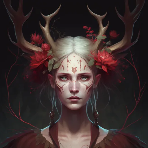 a woman with horns and flowers in her hair