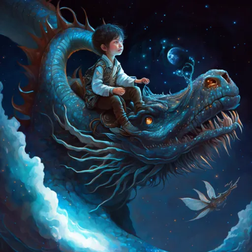 a painting of a boy riding a dragon