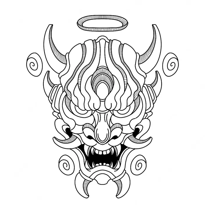 a black and white drawing of a demon mask