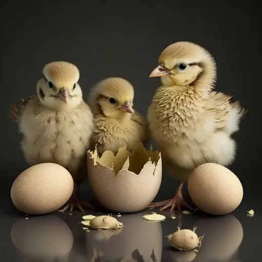 a group of baby chicks sitting next to an egg