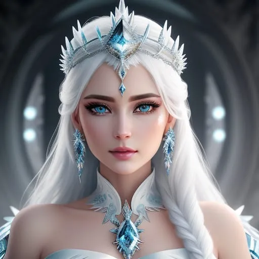 a woman with white hair and blue eyes wearing a tiara with beautiful colours