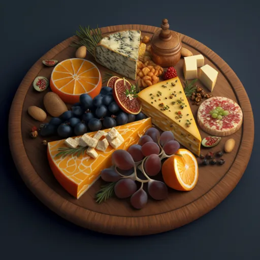 a plate with a variety of cheeses and fruits on it