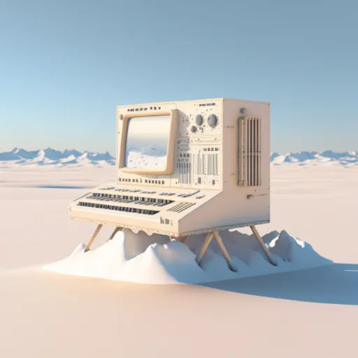 a computer sitting on top of a snow covered mountain