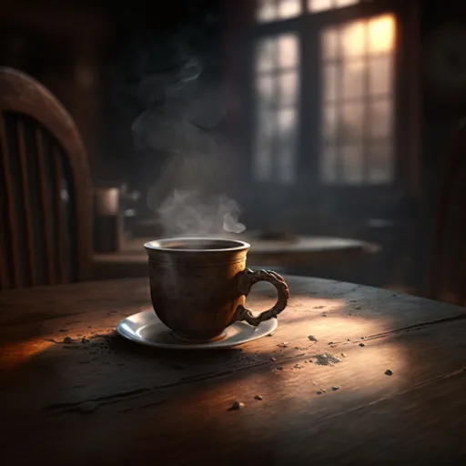 a steaming cup of coffee on a saucer on a wooden table