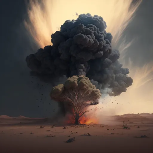 a large cloud of smoke billows from a tree in the desert