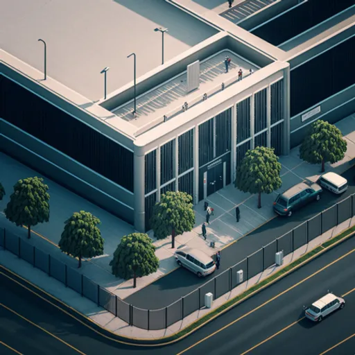 an aerial view of a building with cars parked in front of it