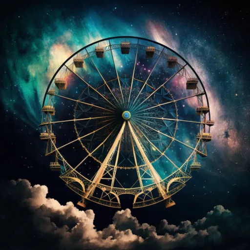 a ferris wheel in the sky surrounded by clouds