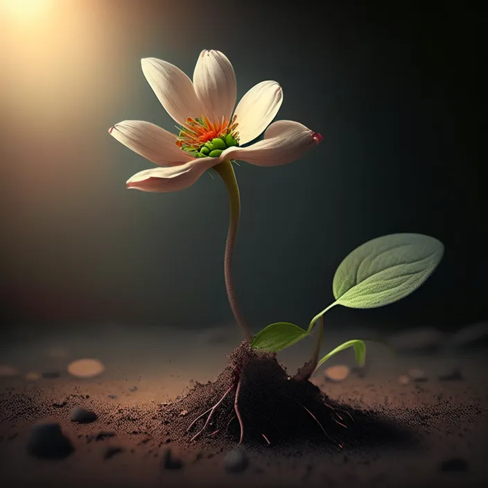 a white flower with a green stem sprouting out of the ground