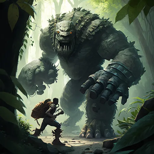 a man in a jungle with a giant monster