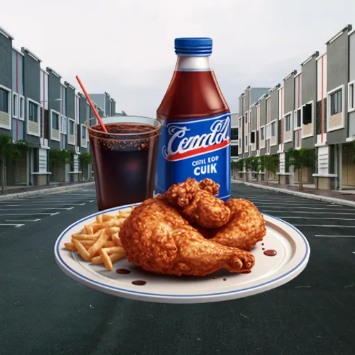 a plate of chicken and french fries with a soda