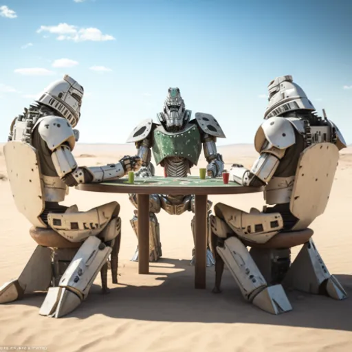 two robots sitting at a table in the desert