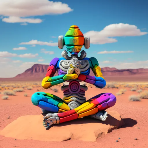 a colorful robot sitting in the middle of a desert