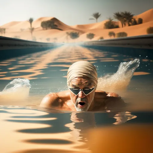 a man swimming in the middle of a desert