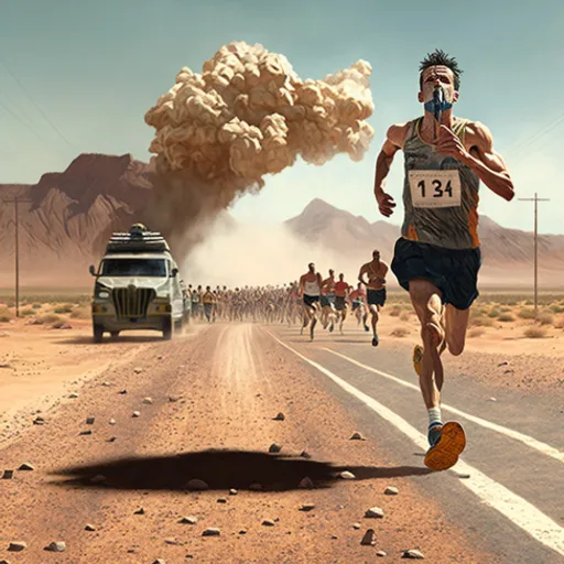 a man running on a road with a lot of smoke coming out of the sky