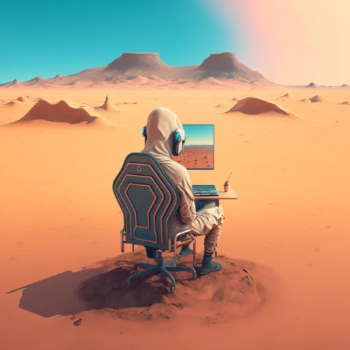 a man sitting at a desk in the middle of a desert