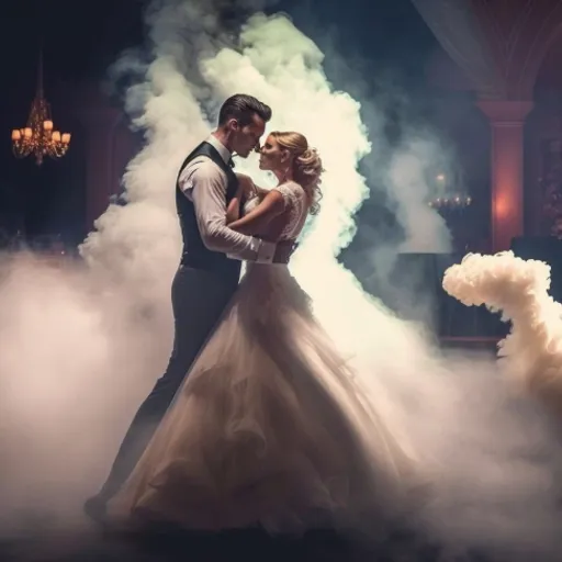 a man and a woman are dancing in smoke