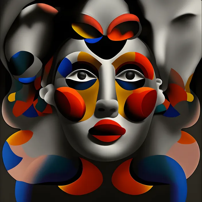 a painting of a woman's face with multiple colored shapes