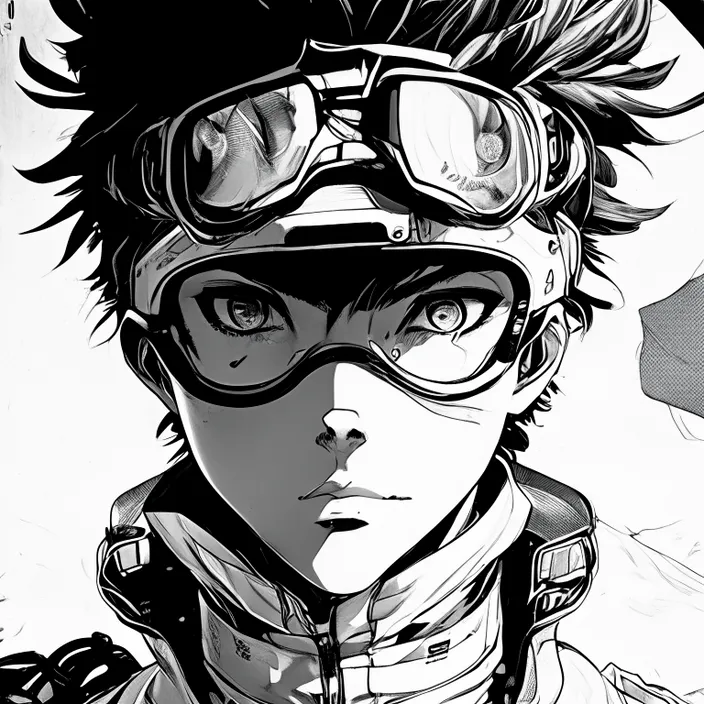 a black and white drawing of a person wearing goggles