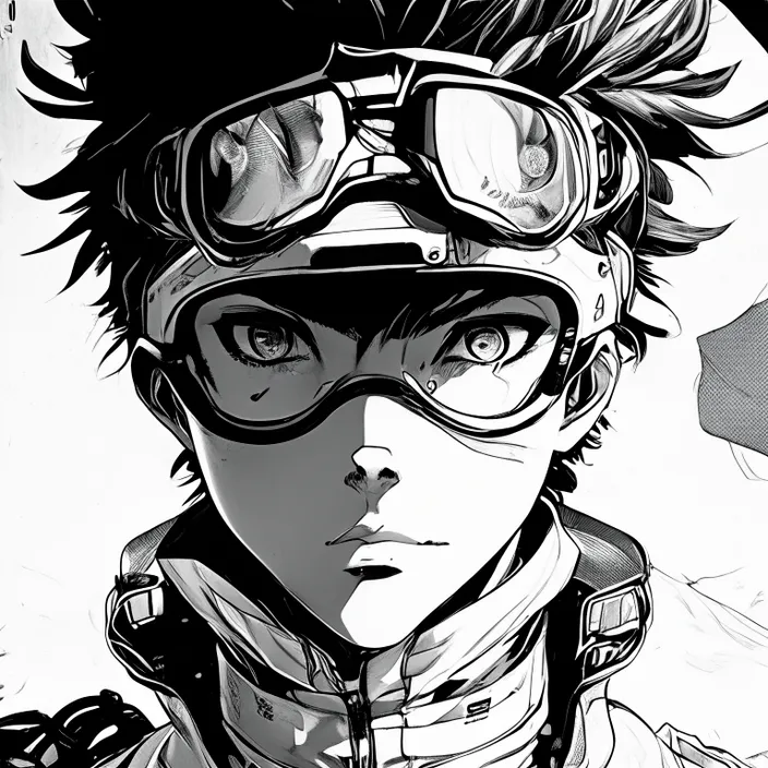 a black and white drawing of a person wearing goggles