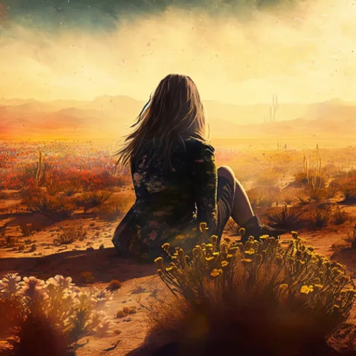 a woman sitting in the desert looking at the sun