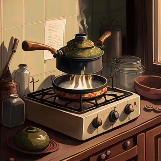 a painting of a stove with a pot on top of it