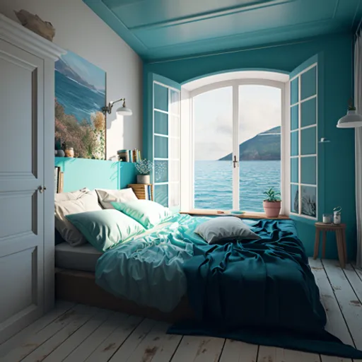 furniture, building, blue, comfort, azure, window, bed frame, wood, door, interior design