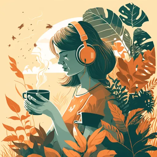 a woman with headphones holding a cup of coffee