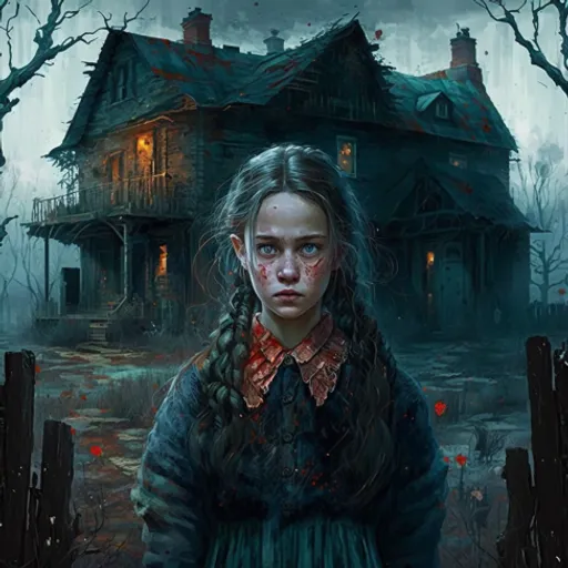 a girl standing in front of a creepy house