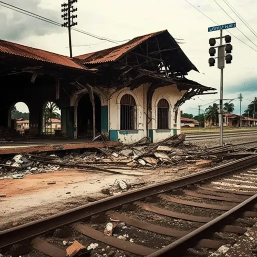 an abandoned train station with a broken down train