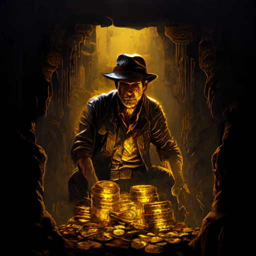 a man with a hat and a hat standing in front of a pile of gold