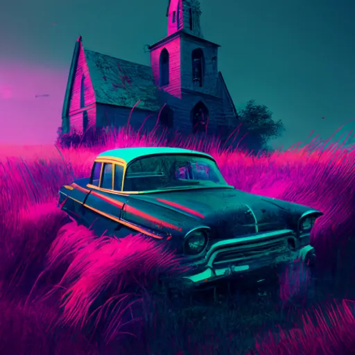 a car parked in a field of tall grass