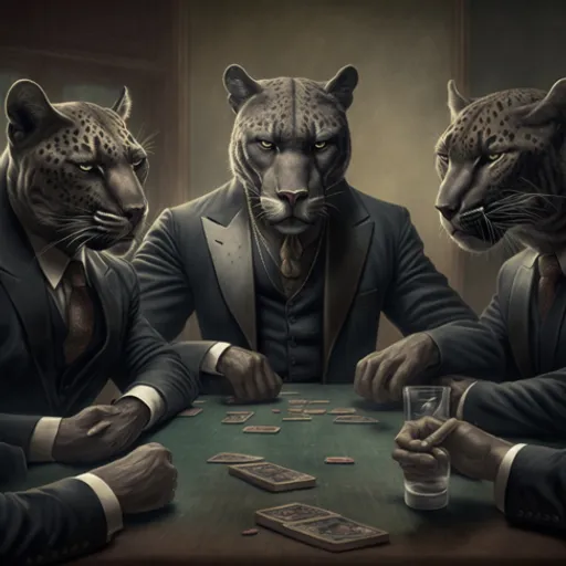 three men in suits are playing cards with two cats