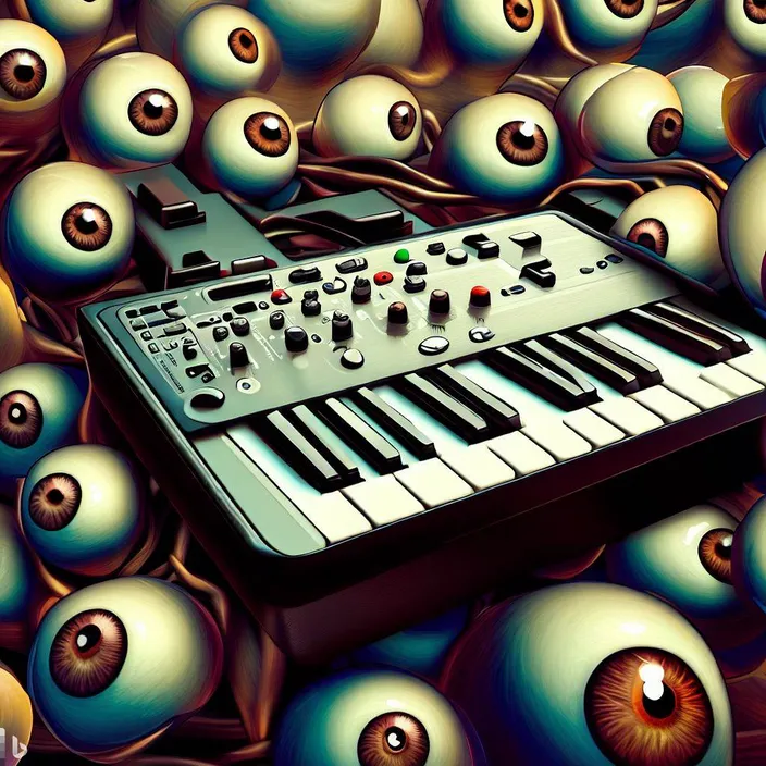 a digital painting of a keyboard surrounded by balls