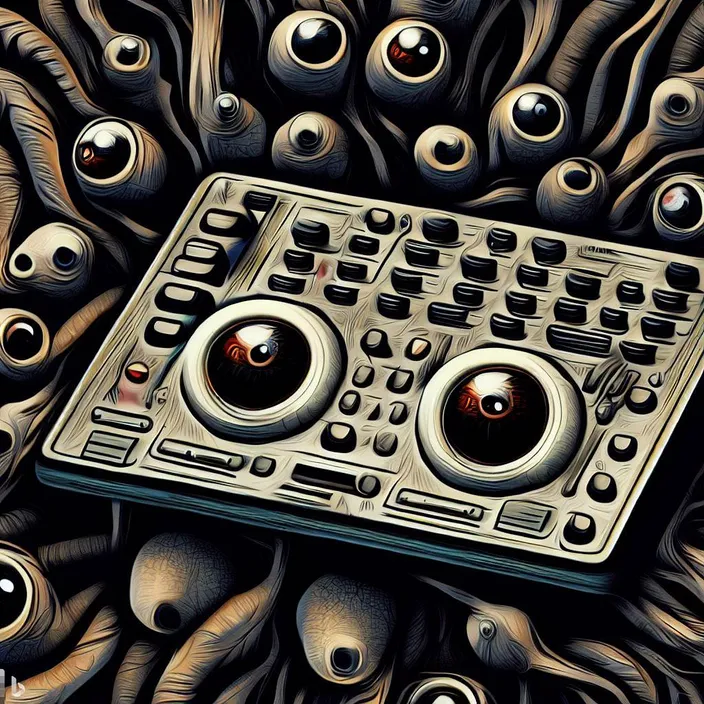 a painting of a keyboard surrounded by eyes